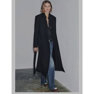 ZARA Manteco Premium Wool Black Wrap Belted Longline Trench Coat Size Small